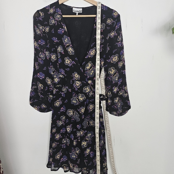 Ganni Georgette Dress Mini Wrap Purple Black Floral Size 38 US 6 - Picture 8 of 9